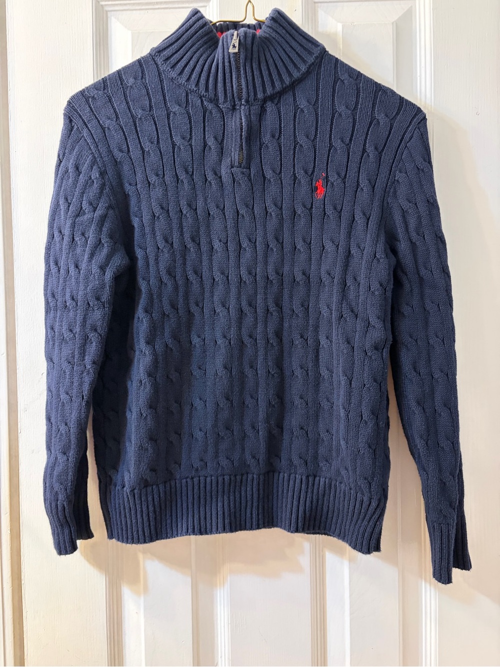 Polo Ralph Lauren Classic Navy Cable Knit 1/4 Zip Sweater Red Polo Size (10-12)